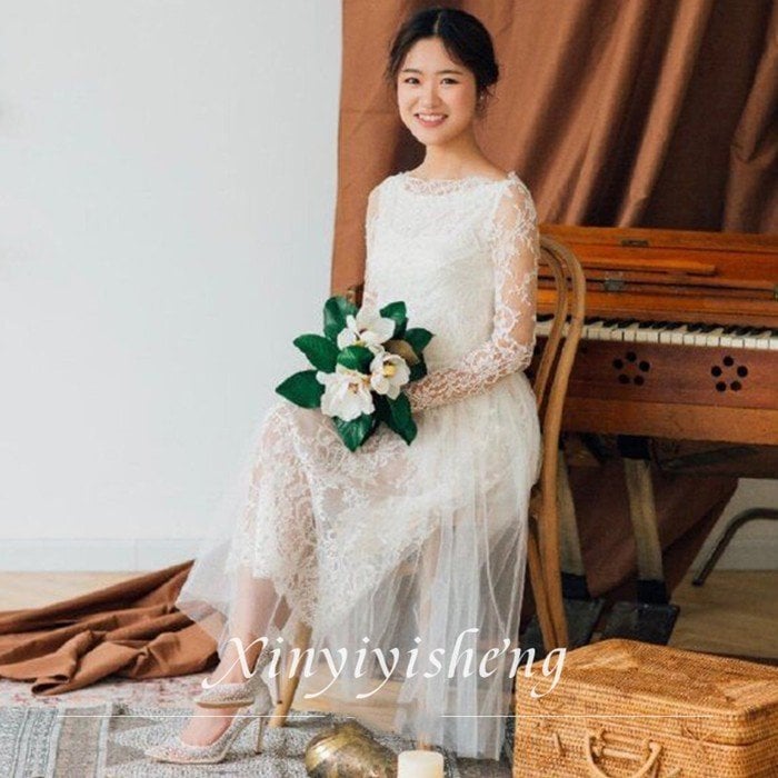 ミニドレス ミモレ丈ドレス ウェディグドレス 二次会 花嫁 パーティドレス 結婚式 白 ワンピース 演奏会 大きいサイズ ドレス 発表会 袖付き　長袖 前撮り