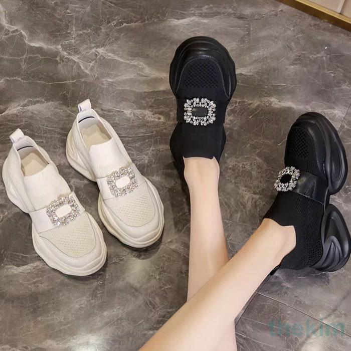 スニーカー スリッポン レディース キラキラ ラインストーン ビジュー キレイ目 厚底 スタイルアップ ホワイト ブラック