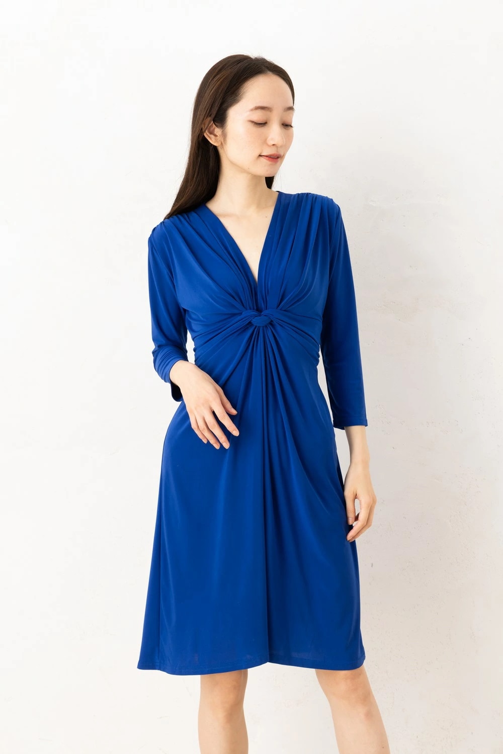 フィフィーユ(FIFILLES)ワンピース T1 T2 T3サイズ 七分袖 膝丈 Vネック 無地 ジャージー生地 レディース フランス製 ワンピース ブルー