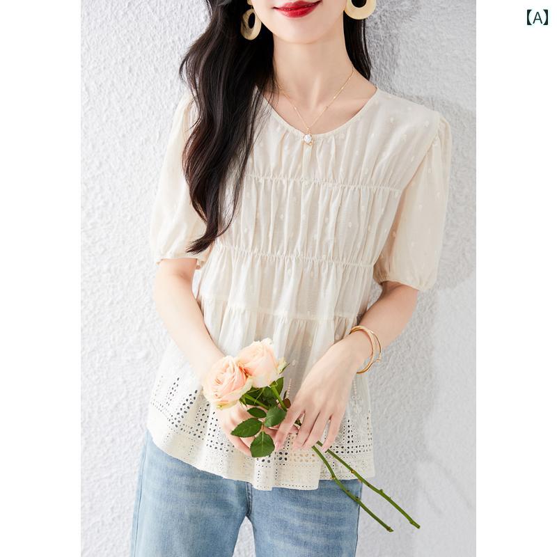 トップス レディース おしゃれ 上品 通勤 オフィス カジュアル 夏 体型カバー コットンシャツ パフスリーブ プリーツ ベビー ドール