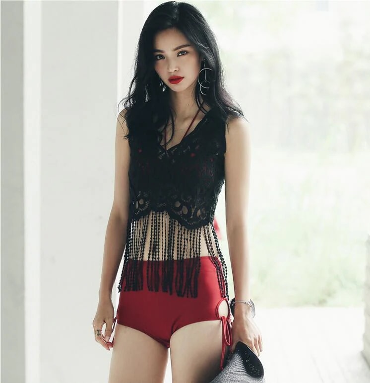 3点セット水着 2カラー ブラック レッド ポレロ 長袖 レース ビキニ クール -005 セクシー ビキニ 花柄 スタイル綺麗に見せる ブラジリアン レディース水着 欧米人気 セレ