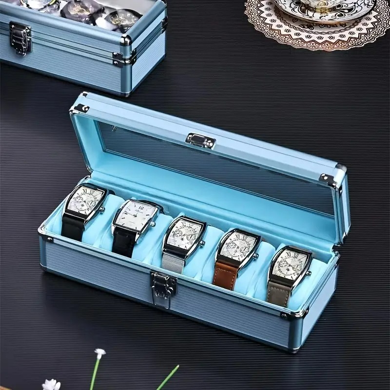 ウォッチケース 高強度ガラス 5スロット 蓋付き アルミニウム合金 ブルー ディスプレイ お洒落 スタイリッシュ モダン シンプル 腕時計オーガナイザー 4-7