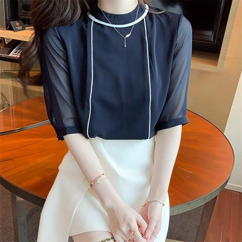 トップス シャツ ブラウス 袖あり 5分袖 五分袖 プルオーバー ラウンドネック レギュラー シフォン かわいい 大人可愛い きれいめ シンプル カジュアル 大人 上品 おしゃれ 甘い 無地 春 秋