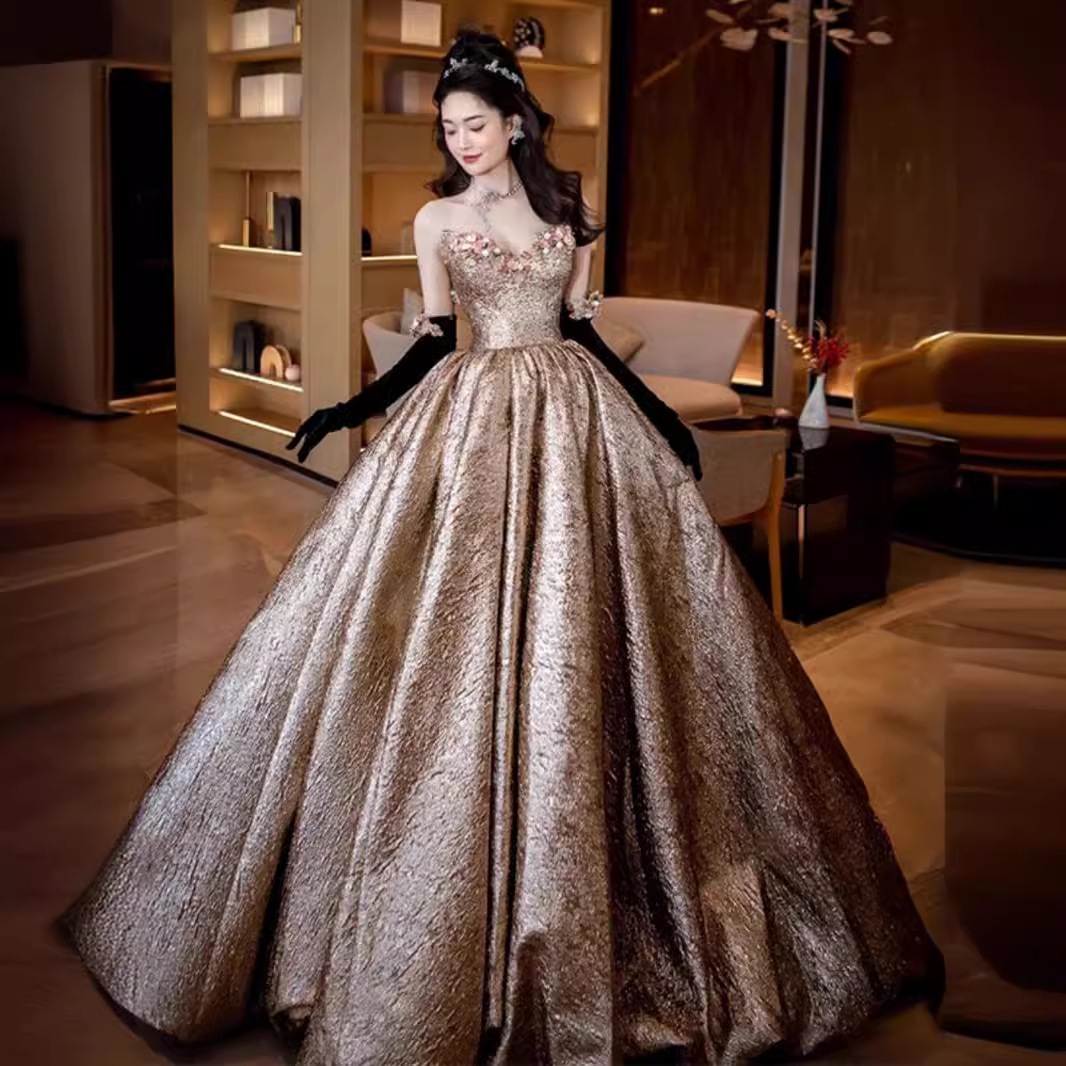 パーティードレス 二次会用 ゴールド ウェディングドレス Aラインワンピース 演奏会 エレガンス ロングドレス 成人式 姫系 発表会/撮影用/お嫁さん/披露宴/花嫁 11,399円