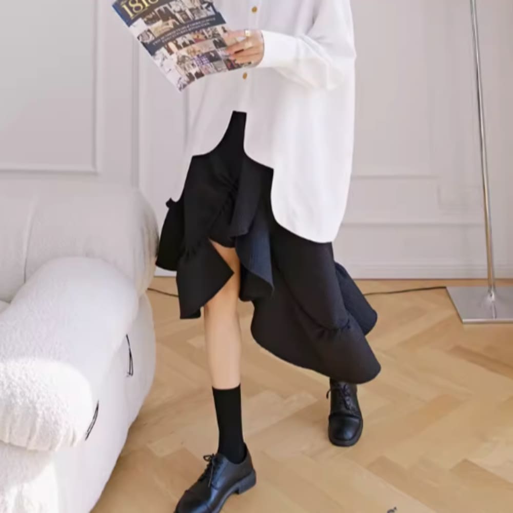 ボトムス スカート ミモレ丈スカート 段フリル ミモレ丈 セミフレア かわいい 大人可愛い きれいめ シンプル カジュアル 上品 おしゃれ かっこいい 大人女子 こなれ感 個性的 主役級 存在感