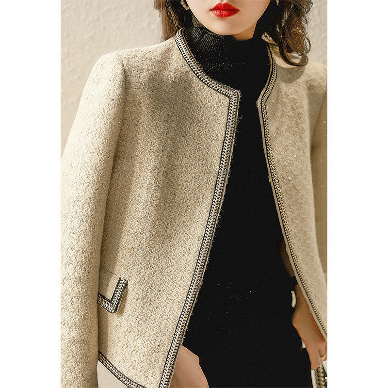 ツイードジャケット レディース 40代 長袖ノーカラージャケット ショット丈ツイードコート 春コートアウター 秋服 大人韓国風 通勤OL オフィス 結婚式 入学式