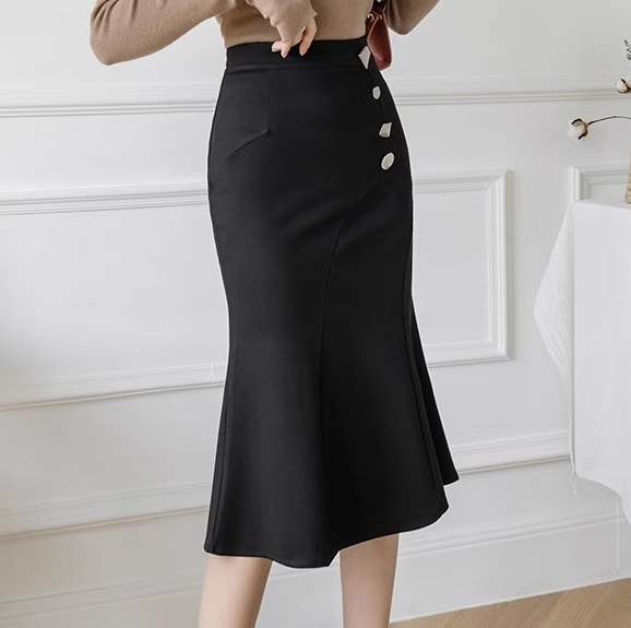 レディース スカート ボトムス カラースカート タイトスカート マーメイドスカート 膝下 ミモレ タイト スリム 細身 マーメイド アシンメトリー フェミニン ハイウエスト ボタン ヴィンテージ