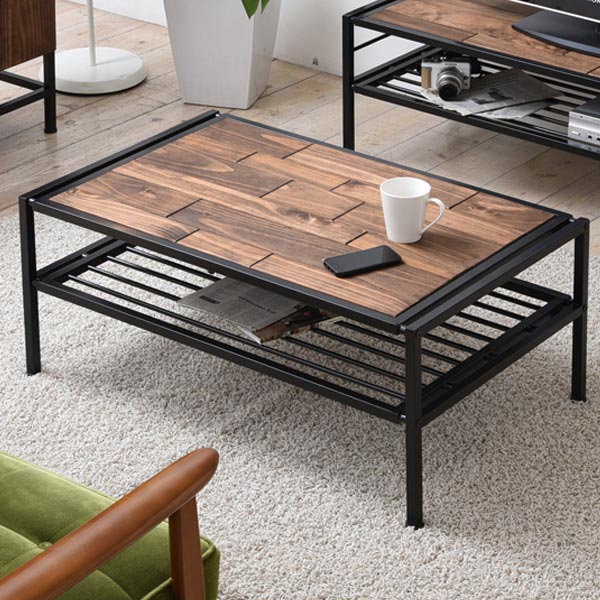 センターテーブル ローテーブル GRANT 天然木 スチールフレーム 幅90cm テーブル コーヒーテーブル 木製天板 アイアンフレーム オイル仕上げ 収納スペース付アイアン家具 異素材
