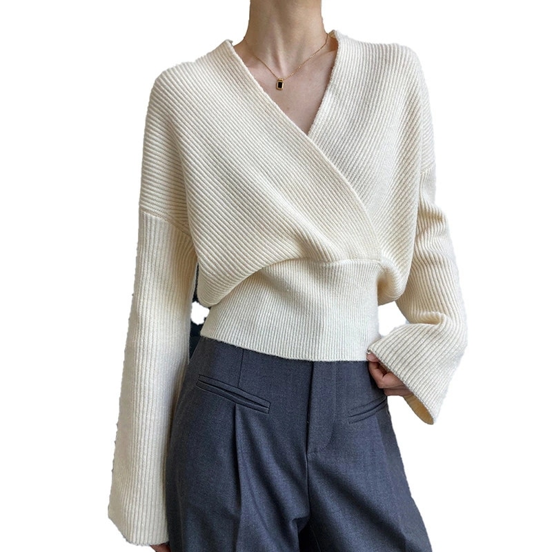 vネックニット クロスデザイン レディース セーター 長袖 ドロップショルダー ニットセーター トップス 長袖ニット レトロ プルオーバー 秋ニット レディースニット ベーシック 無地 体型カバー 秋