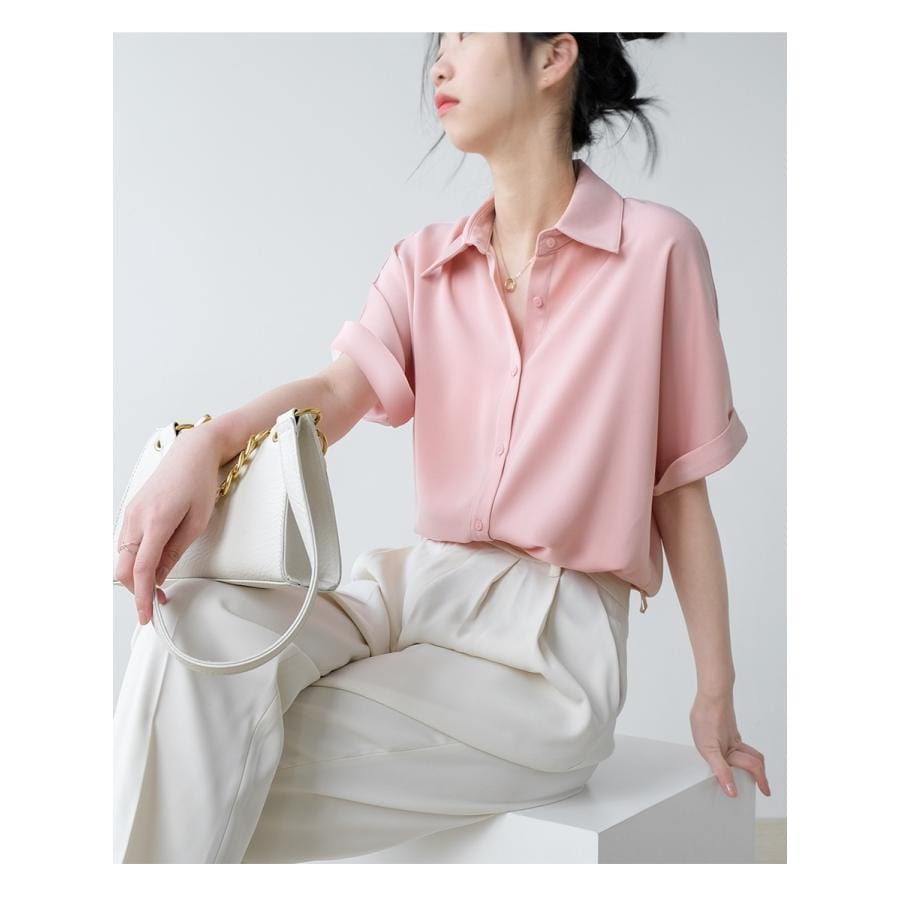 ブラウス レディース シャツ 夏 半袖 Vネック トップス シフォン 白 光沢感 上品 通勤 シルク風 大人 OL オフィス ビジネス オシャレ 30代 40代 50代