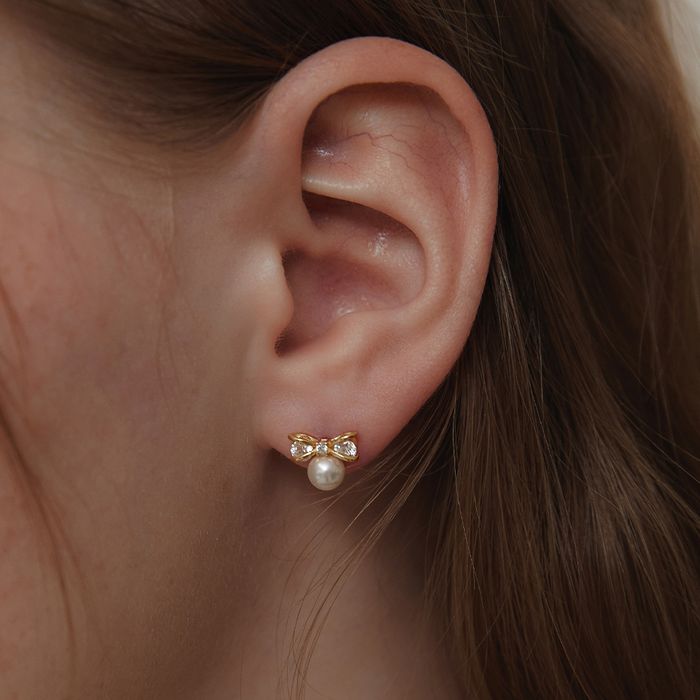 [Silver 925] Ribbon Pearl Ball Earrings 2色 おしゃれ ピアス 韓国ファッション