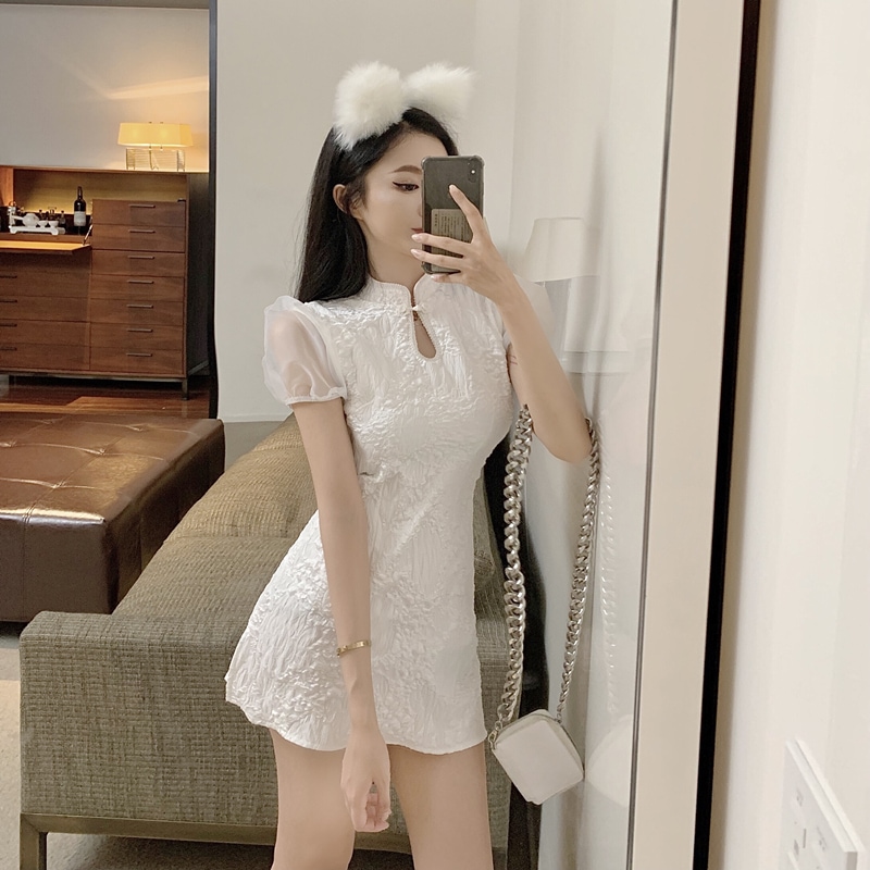 ドレス チャイナドレス ミニ丈 袖あり 半袖 パフスリーブ 襟付き スタンドカラー タイト ストレート サイドスリット ハイウエスト 大人可愛い きれいめ シンプル おしゃれ 大人女子 ラブリー