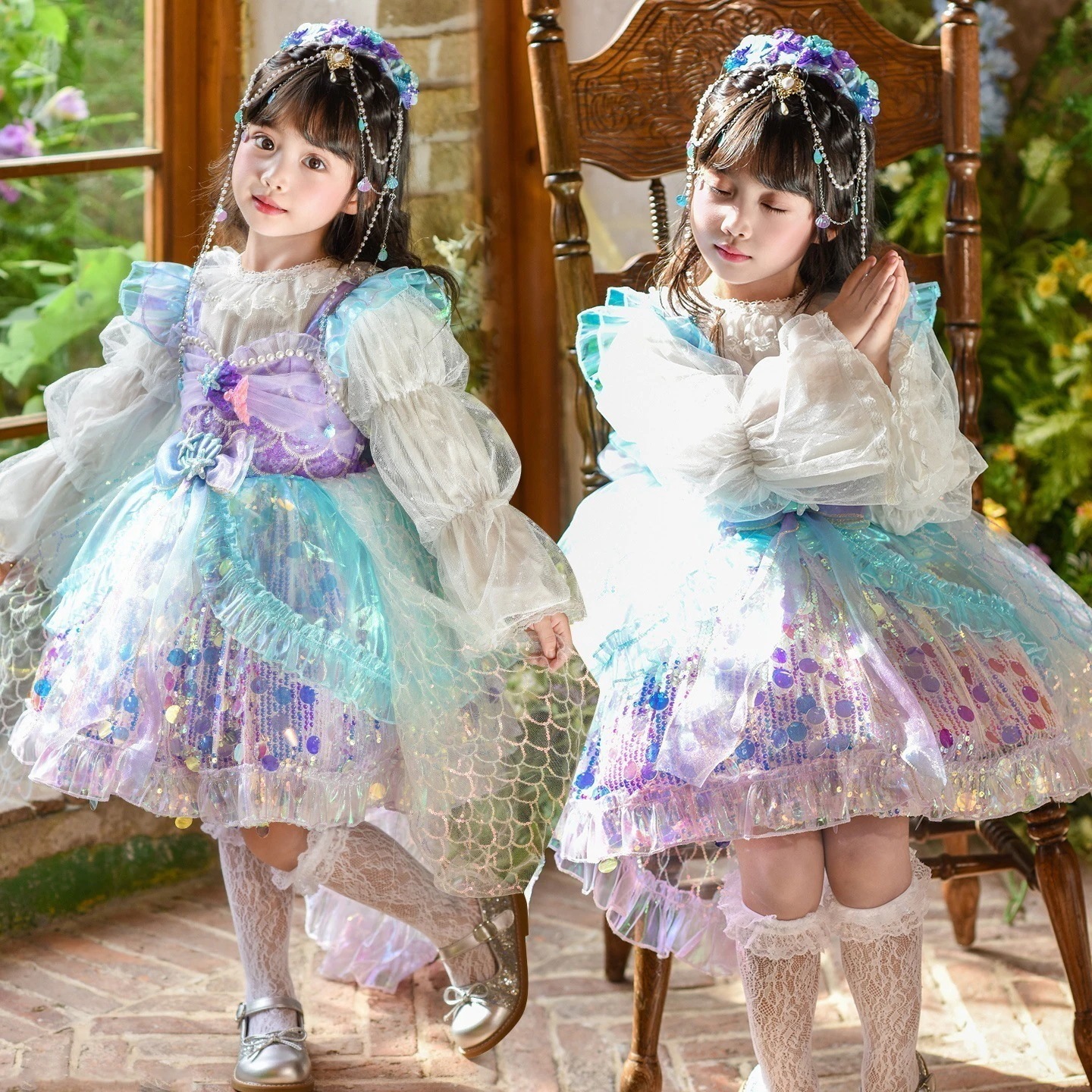 【人気商品超目玉】新品限定SALEマーメイド柄プリンセスワンピースフリルレース誕生日ドレス子供服ロリータハロウィンクリスマス平価