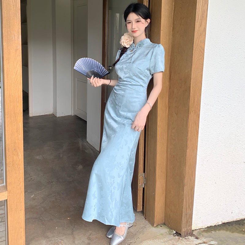 EAI 堯一 雲 藍 序 新中式 レトロ 改良 旗袍 スカート 女性 暗紋 ジャカード 半袖 ワンピース レディース
