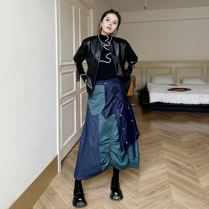 【J.Fashion】 2025秋新品 デニムスカート ドッキング Aライン 欧美風 レディース ロングスカート メガ割