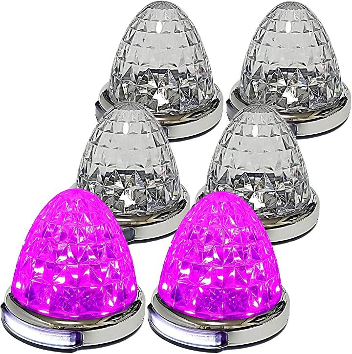 カスタマイズ 12V 24V トラック用 LED マーカーランプ 路肩灯機能付 サイド メッキリング 5面クリスタルカット仕様 22LED 汎用(ピンク, 6個)