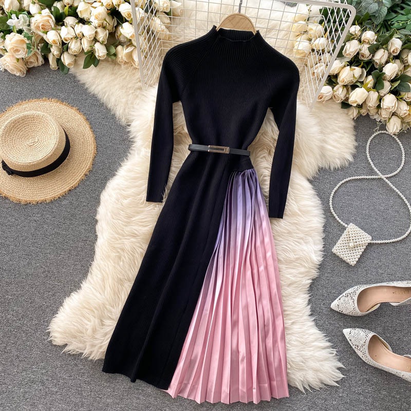 ニット ワンピース ドレス アシンメトリー ハイセンス 高見え レディース プリーツ ラウンドネック