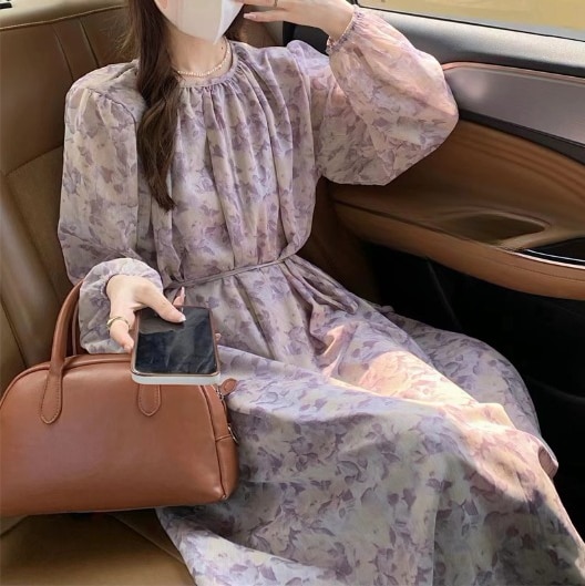 ワンピース レディース ミモレ ミモレ丈 S M L XL 2XL 韓国 ロング丈 長袖 ラウンドネック Aライン ウエストマーク ウエストリボン かわいい 大人可愛い シンプル おとな 大人 上品