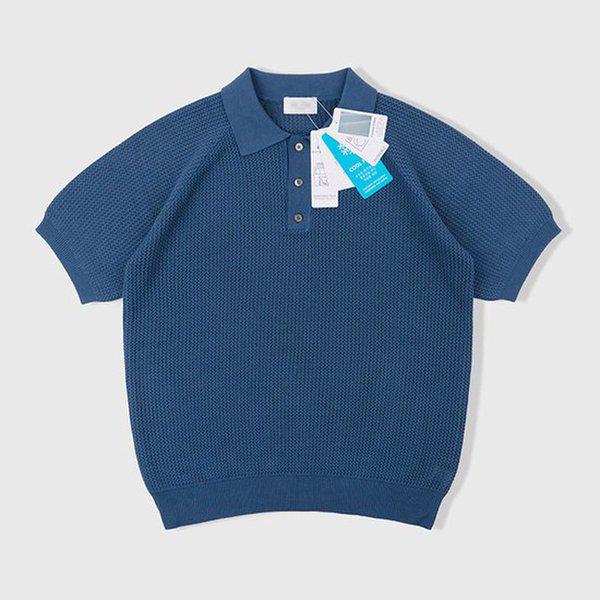 メンズ ピーナッツ カラネック スカシ 半袖 ニットTシャツ AT-KNH-Q013-ブルー