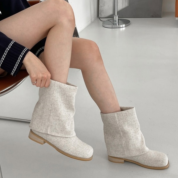 ロングブーツ ミドルブーツ レイヤードブーツ オブリークトゥ リネン レディース ベージュ 靴 韓国 8,840円