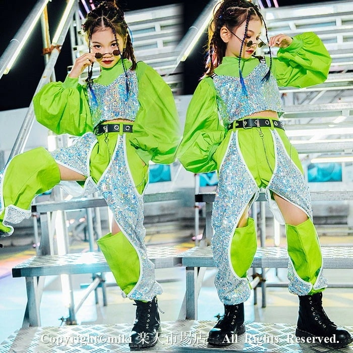 人気ランキング受賞上下セットアップ KPOP ダンス衣装 グリーン蛍光色 シルバー スパンコール キッズダンス衣装 チアダンス衣装 ヒップホップ チアリーダー ジャズダンス HIPHOP グルーズ ジ