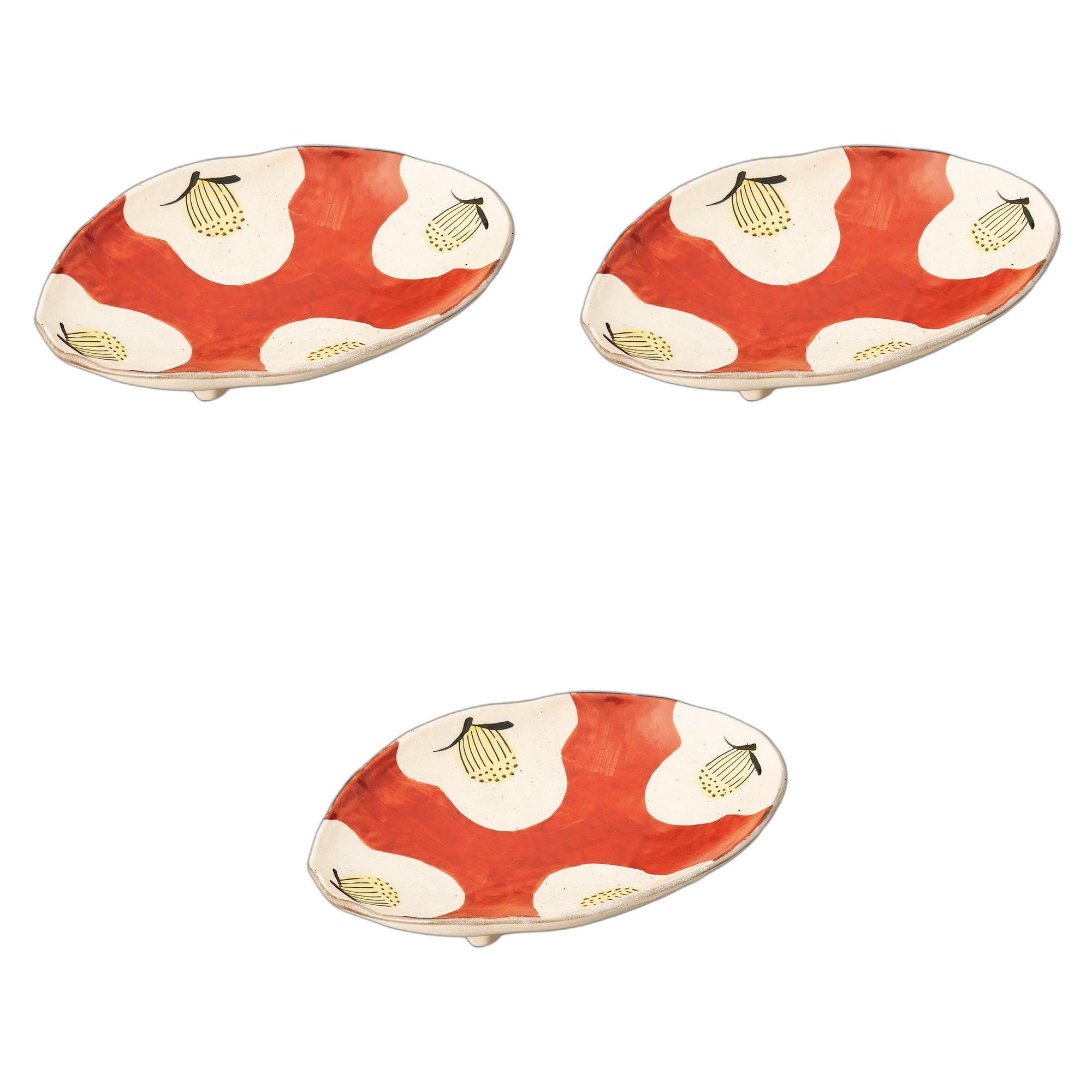 3個セット 手描き赤ダミ椿三ッ足楕円皿 [ 22×15.2×4.2cm ] 楕円皿陶磁器 セトモノホンポ(Setomonohonpo)