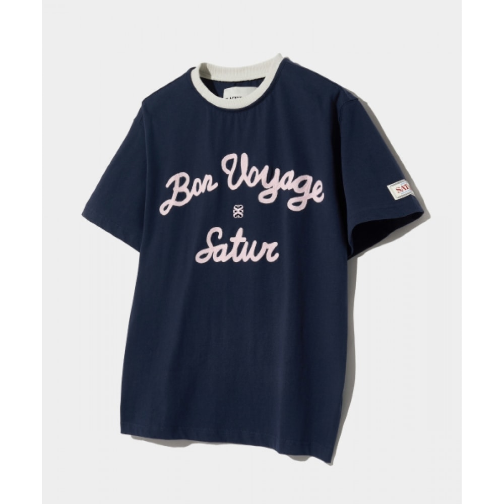 SATUR セッターロゴエンブロイダリーヴォヤージュショートスリーブ T シャツネイビーピンク