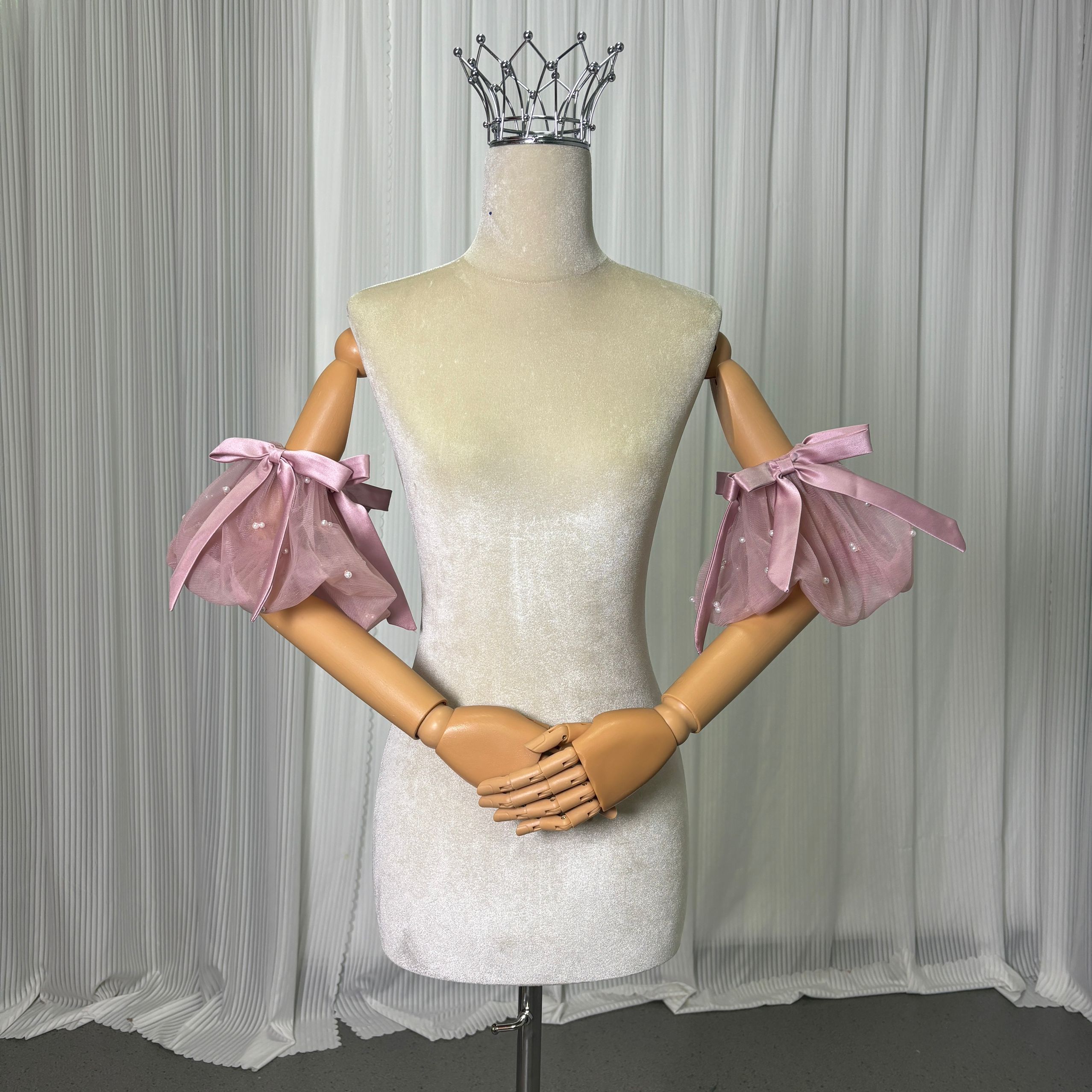 カラードレス ピンク リボン パール 取り外し可能な付け袖 花嫁 前撮り