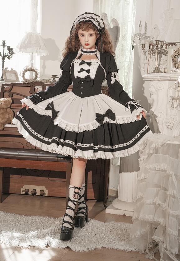 ジャンパースカート 膝丈 ミドル丈 ゴシック ゴスロリ ロリータ服 ネックウェア付き キャミソール ワンピース ロリータ ドレス 裾フリル 蝶リボン 長袖 ショート丈 ブラウス追加可能 大人 暗黒系