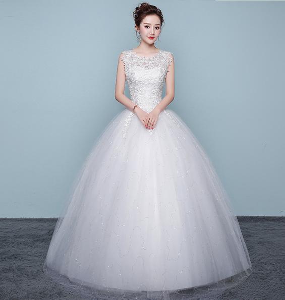 ロングウェディングドレス/刺繍レースロングフリルドレス/お姫系高級ウエディングドレス/披露宴パーティー二次会フォマールドレス/写真撮影専用結婚式ドレス/宮廷シンプル風ドレスパニエ　ベール　グローブ