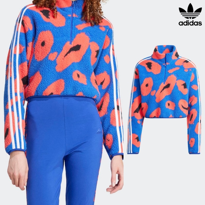 [ADIDAS] アディダス レディース アニマル プリント フリース クロップ 半ジップアップ トップ / BLUE