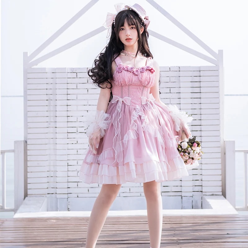【快速出荷】ロリータワンピース カップ付き cla ピンクグラデーション 薔薇 バレエ 衣装 キャミソールワンピース フリル 天使 ドレス コスプレ コンカフェ キャミワンピ コスチューム jsk 舞