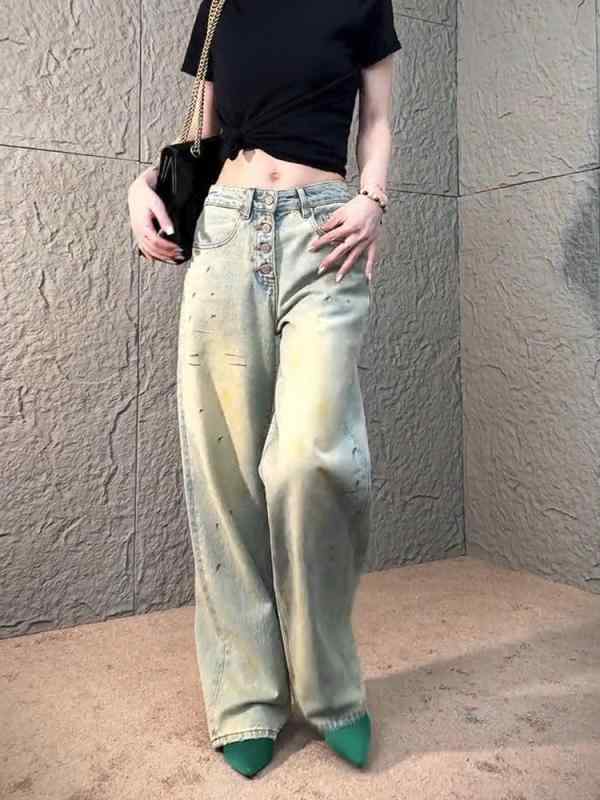 レディース ファッション オシャレ カワイイ シンプル 人カワイイ きいサイズ スプラッシュ ペイント ワイド レッグ ジーンズ ハイウエスト スリム ストレート パンツ フロア レングス