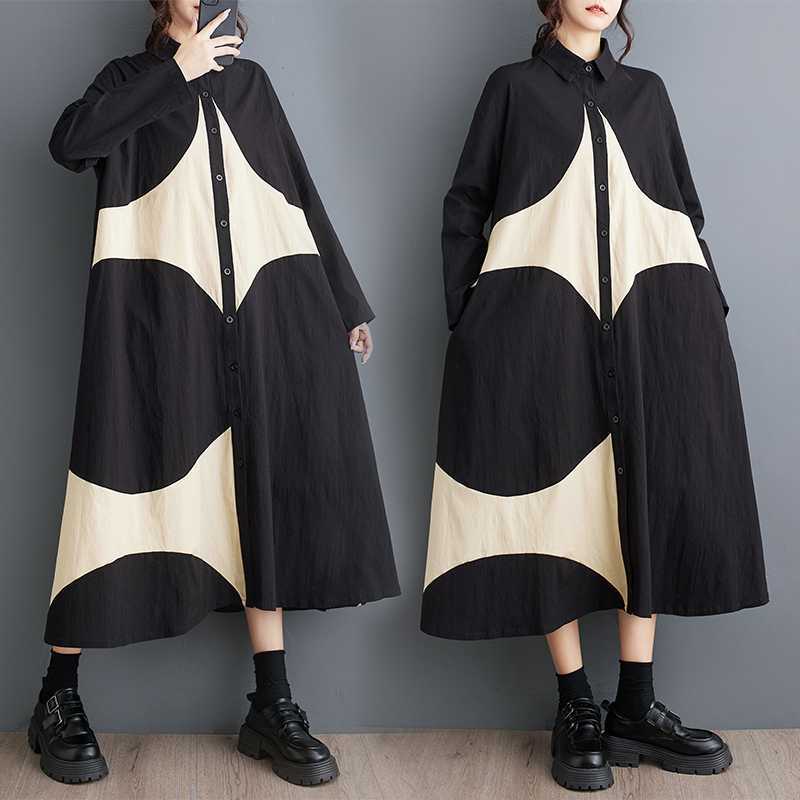 「ファットガール」 2024秋新品 シャツワンピース ドッキング 大きいサイズ 体型カバー レディース ロングワンピース メガ割30%制限