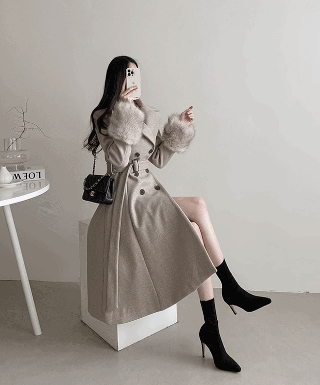 キルティング裏地 袖ファー スクエアベルト ロングコート -2color