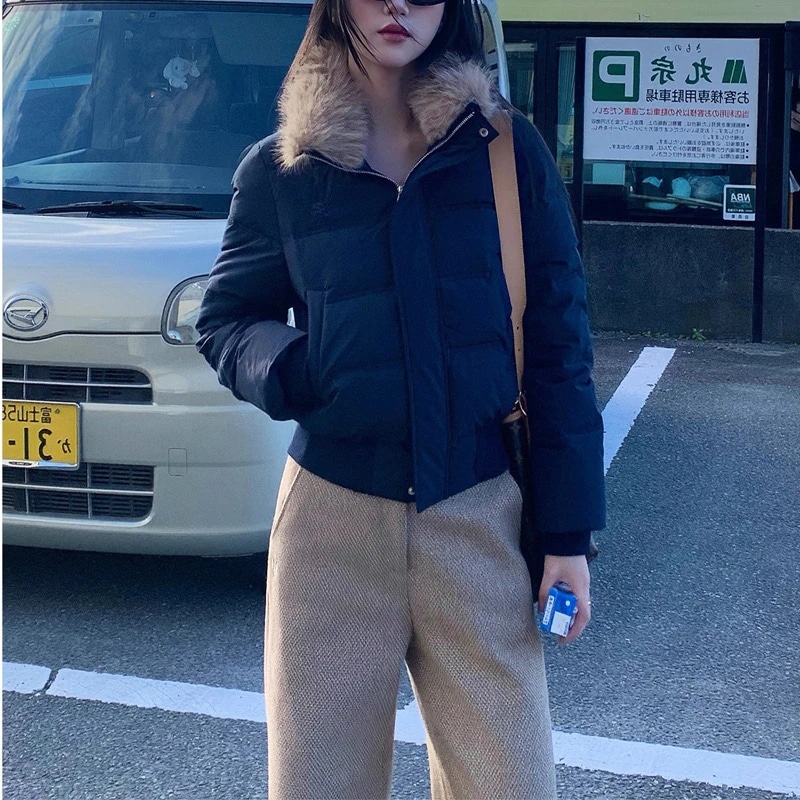 2025年冬用厚手暖かいネイビーブルーダウンジャケット取り外し可能なファーカラー付きショートスタイルプチサイズトップス