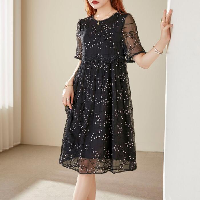 ワンピース ワンピ ドレス シルク 刺繍 花柄 フラワー レディース エレガント きれいめ カジュアル 大人 可愛い フェミニン ひざ丈 透け感 シアー 半袖 クラシカル お呼ばれ ゆったり ナチュラ