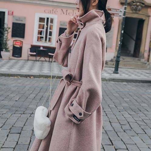 新品2色 アウターがレディース コート ロング ミモレ丈 ウール シンプル 大人可愛い フェミニン きれいめ 長袖 無地 ピンク ベージュ スタンドカラー ミドル丈 エレガント シック 女子 コンサバ