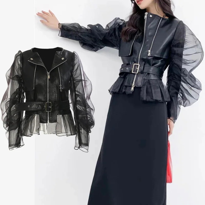 【Europe Style.OF】 チュール袖 ライダース ジャケット おしゃれ レディース アウター レザージャケット