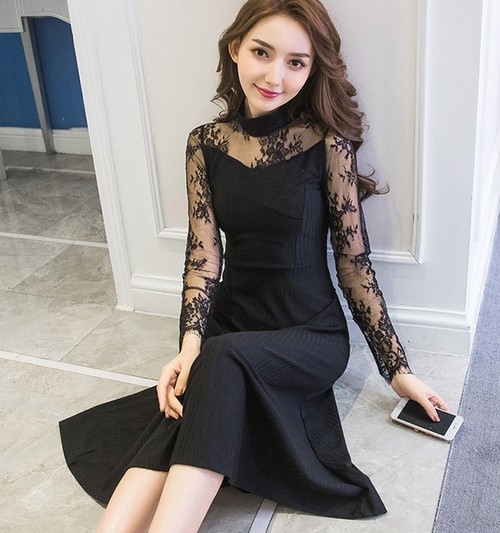 1896.ハイネックレースワンピース（ブラック）2019 春夏 sale 春夏 sale ドレス 花柄 フレア ミディアム 長袖 ロング丈 エレガント お呼ばれ パーティー 結婚式 披露宴 二次会 女