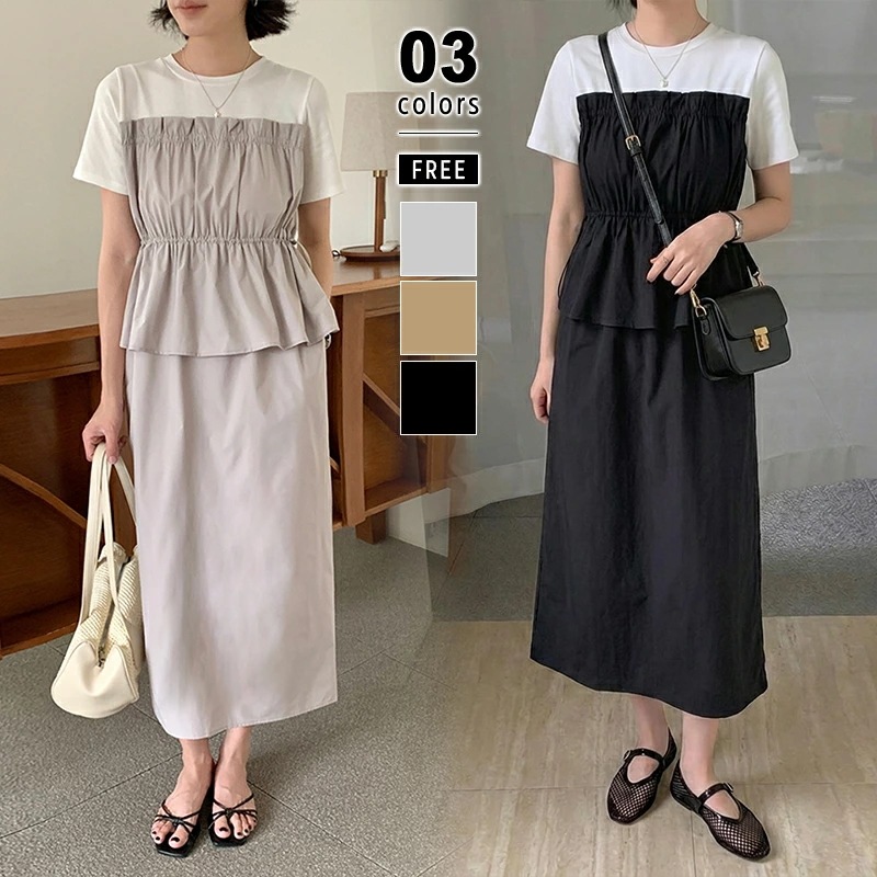 ドッキングワンピース ペプラム ビスチェ ワンピース レディース 半袖 レイヤード風ワンピース tシャツ スカート ドッキング レイヤード ビスチェワンピース