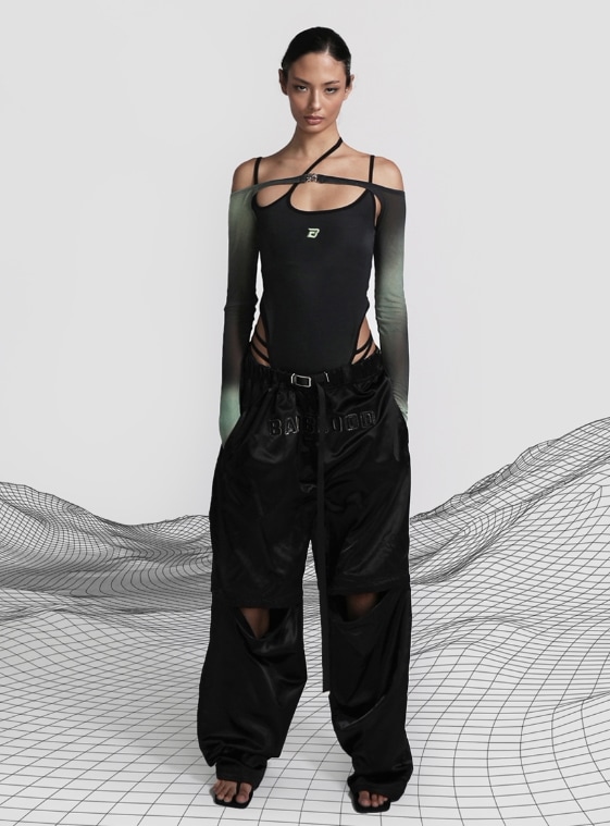 【BADBLOOD】 LEATHER LOGO NYLON 2WAY TRACK PANTS : BLACK