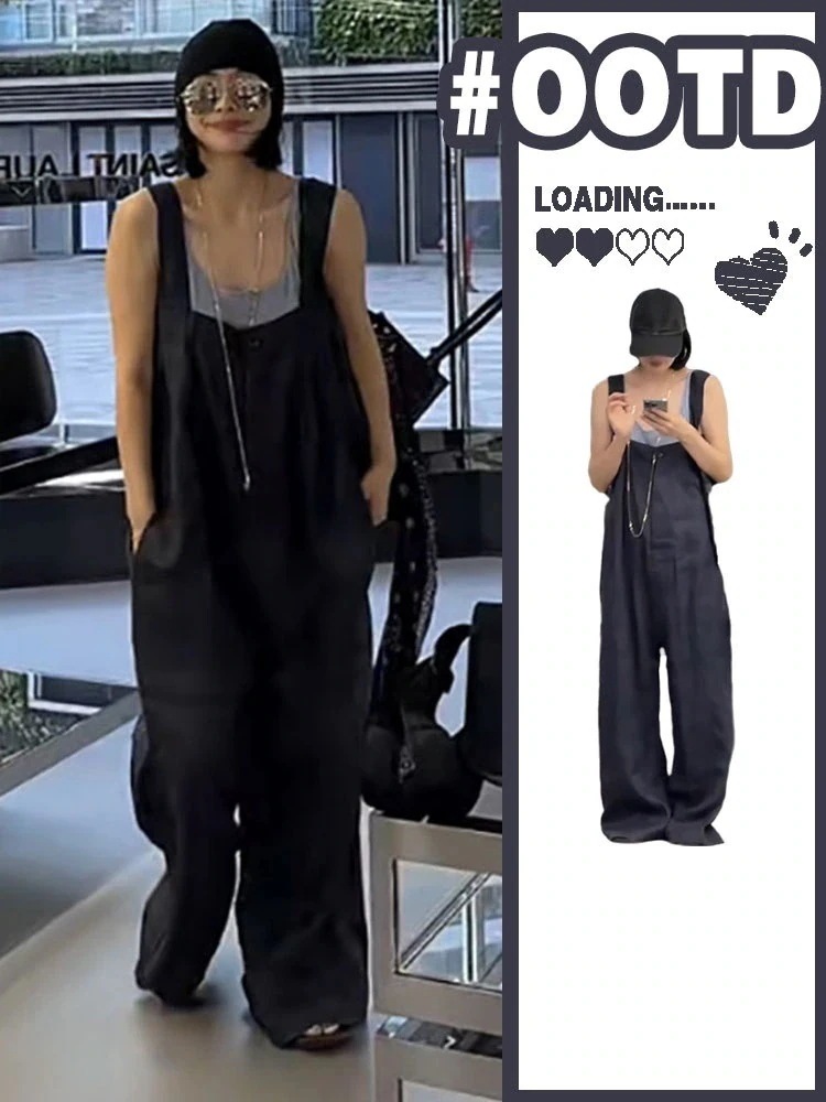 百掛け 着痩せ レトロなオーバーオール夏の薄手カジュアルワイドモップパンツリラックス感パンツ 新作 サロペット