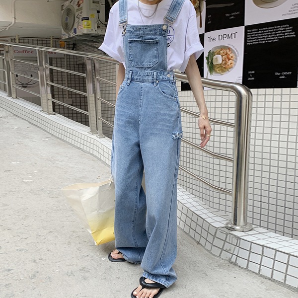 韓国ファッション ダメージ ビンテージ ワイド デニム サスペンダー パンツ