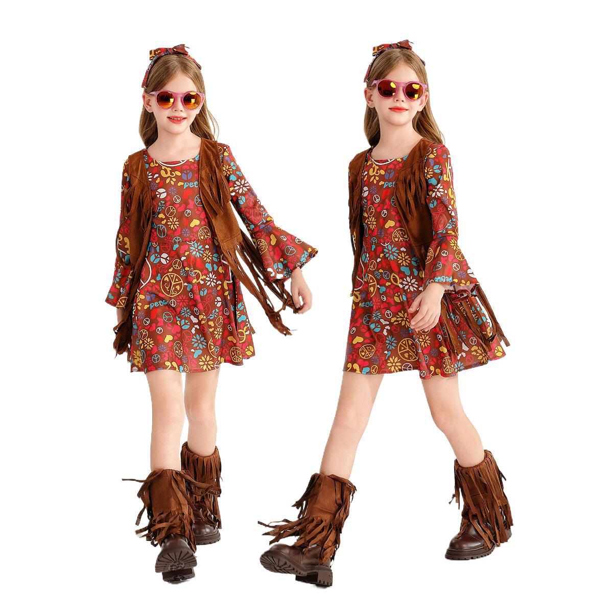 ハロウィンの子供用コスチューム女の子用面白いレトロ香港風ヒッピーカーニバルステージパフォーマンスドレス