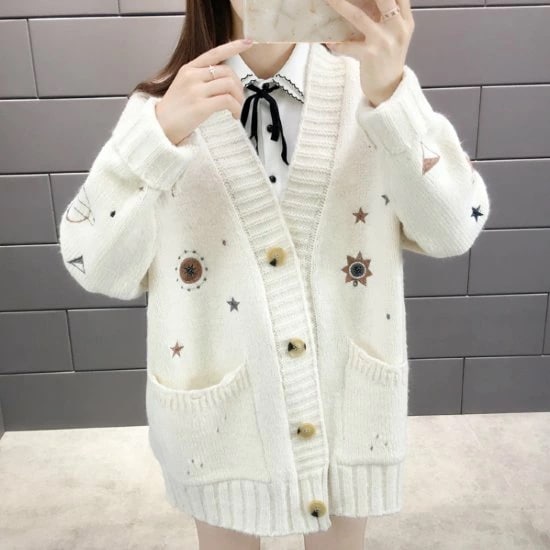 ニットカーディガン レディース カーディガン ニット トップス 羽織 長袖 Vネック フロントボタン おしゃれ カジュアル お出かけ 星 スター柄 ルーズシルエット ポケット カーディガン