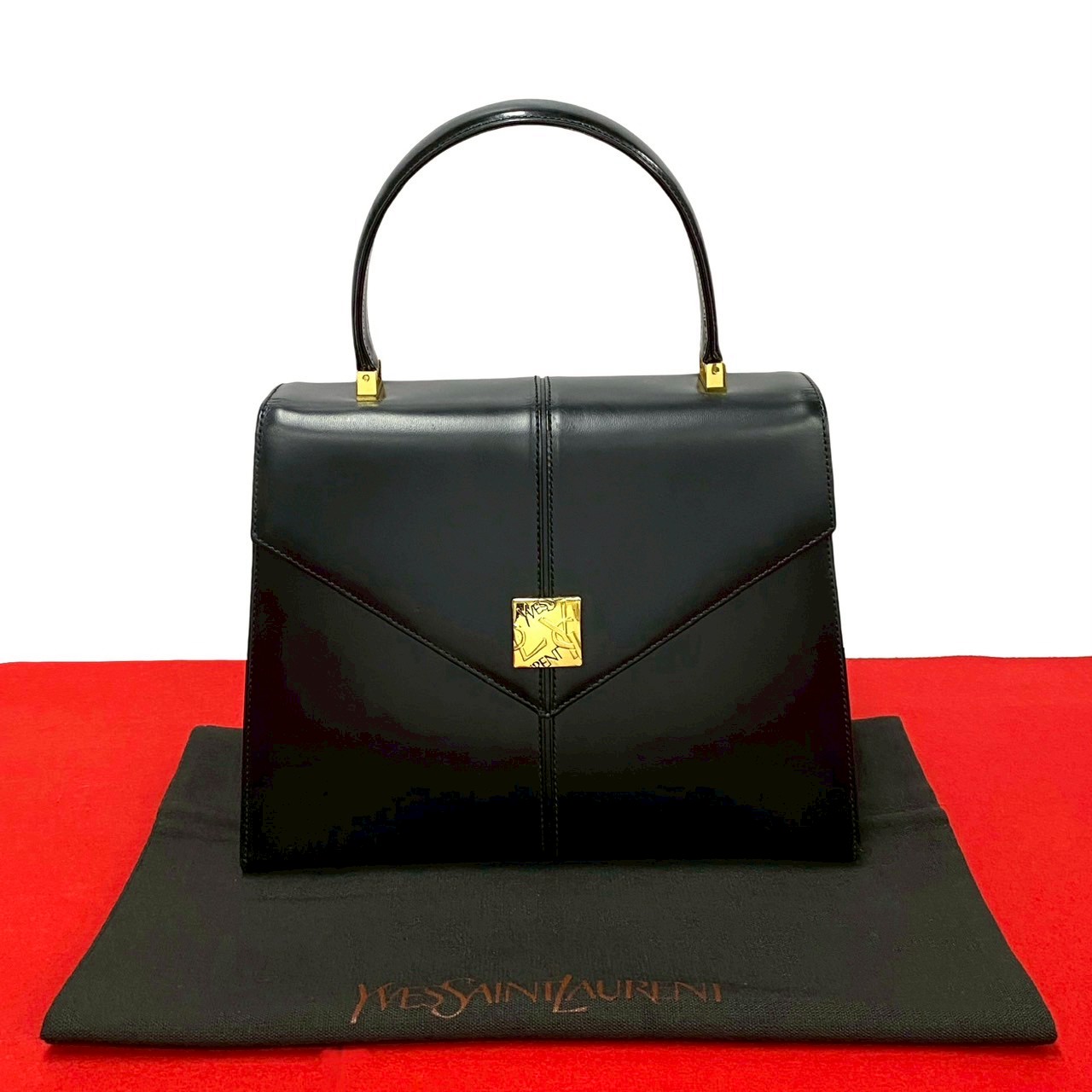 ヴィンテージ YSL ロゴ金具ハンドバッグ レザー ブラック 23845