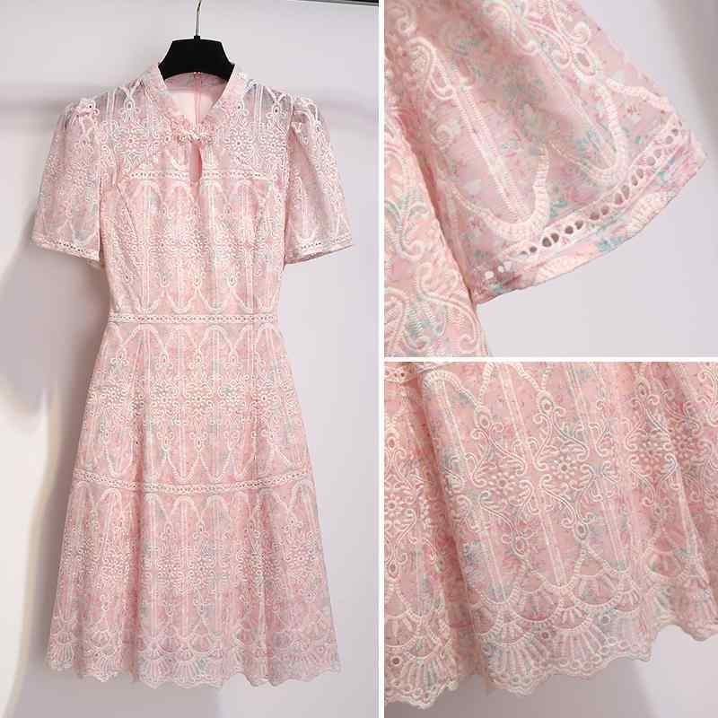 チャイナドレス レディース ワンピース レース 夏 ジャカード スカート ピンク