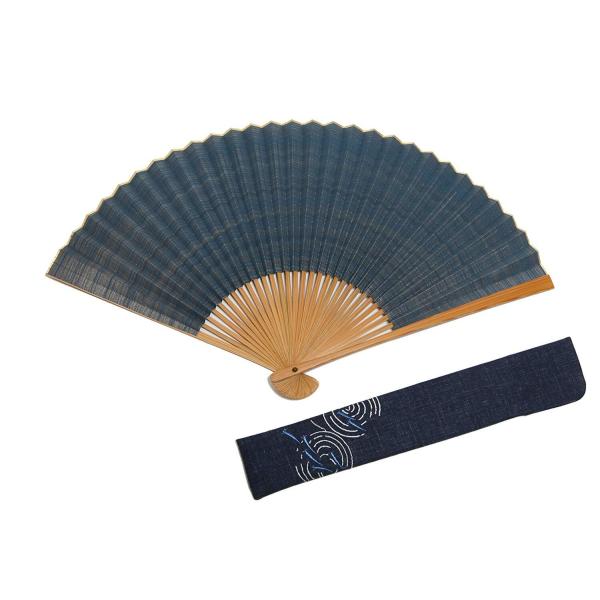 京扇子 霞 紺 京都職人 手作り 扇子 扇子袋付き 木箱入り青