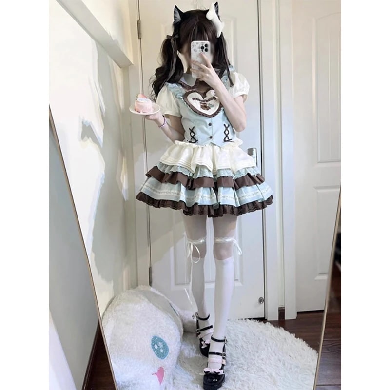 ロリータ ロリータ 女の子 フリル パフスリーブ 中空シャツ レース ケーキ スカート スーツ